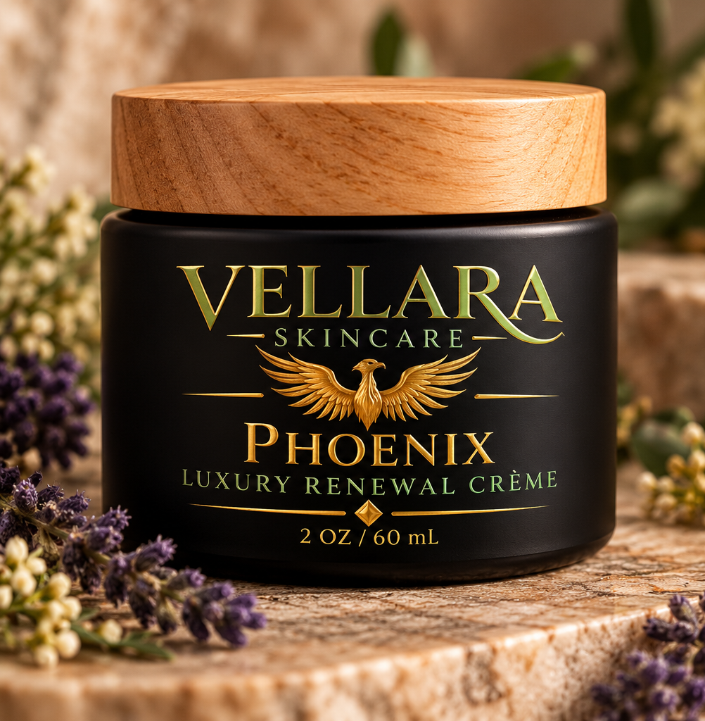 Digital packaging mockup of Vellara Phoenix Luxury Renewal Crème